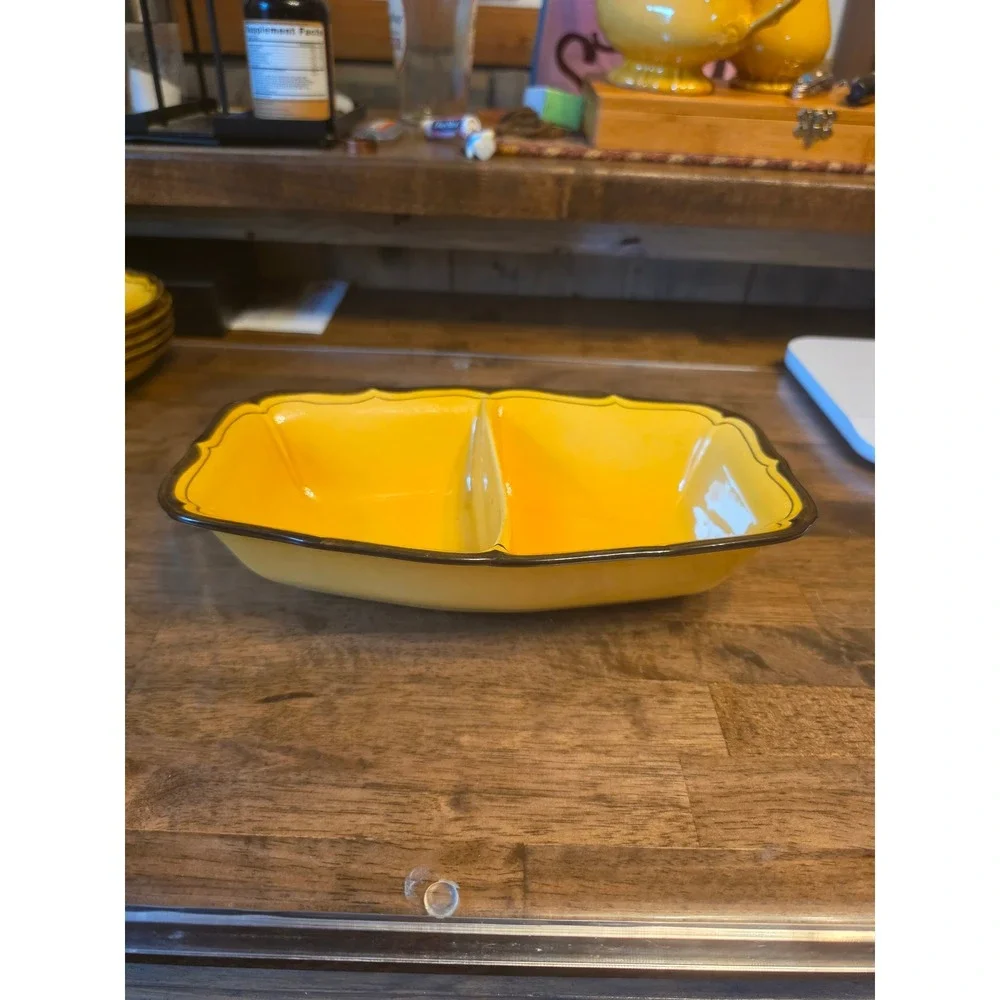 Vintage Yellow Divided Ceramic Serving Dish Scalloped Brown Rim Rectangular Tray